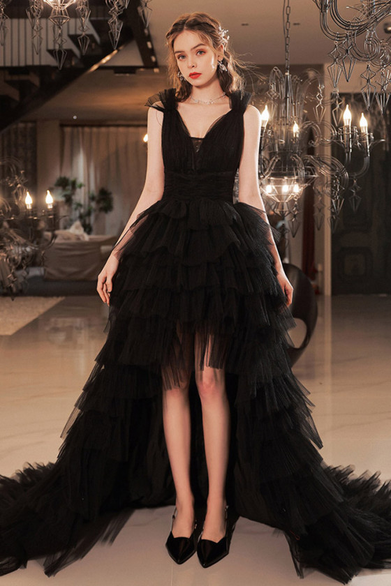 Hi Lo Open Back Layered Tulle Black Long Party Prom Dress With Train