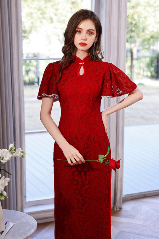 Retro Beaded Flounced Sleeves Lace Fitted Formal Dress With Modest High ...