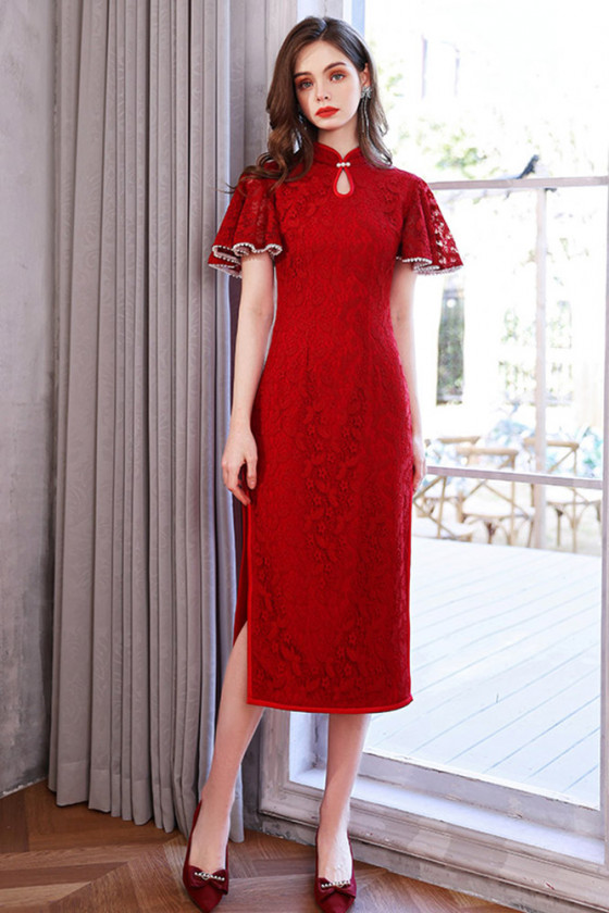 Retro Beaded Flounced Sleeves Lace Fitted Formal Dress With Modest High Neck