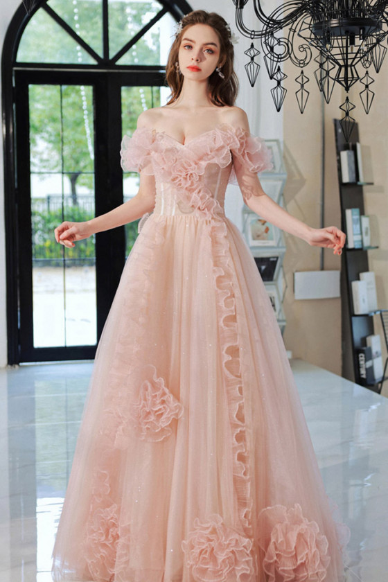 Off Shoulder Pink Long Tulle Prom Dress With Ruffle Flowers