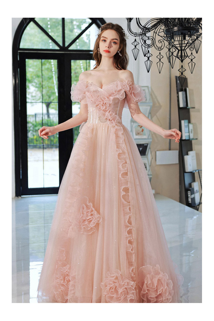 Off Shoulder Pink Long Tulle Prom Dress With Ruffle Flowers 1620905 S21013 6609