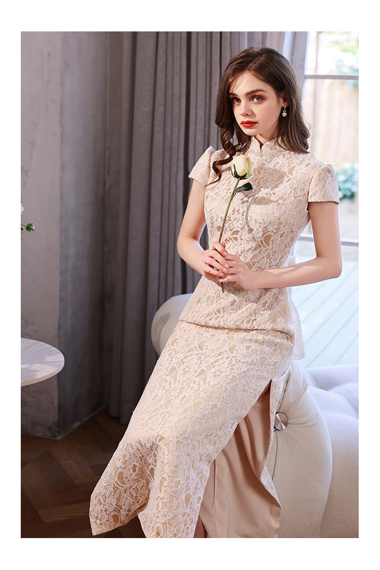 Modest Fitted Lace Tea Length Formal Dress With Hole Bow Back