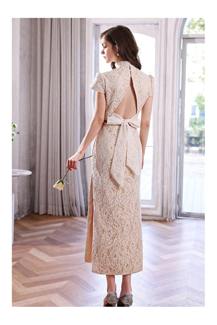 Modest Fitted Lace Tea Length Formal Dress With Hole Bow Back - $127.2895  #S21048 