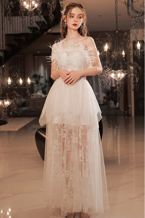 Feathers Strapless Long White Lace Tulle Wedding Party Dress With Sheer Skirt