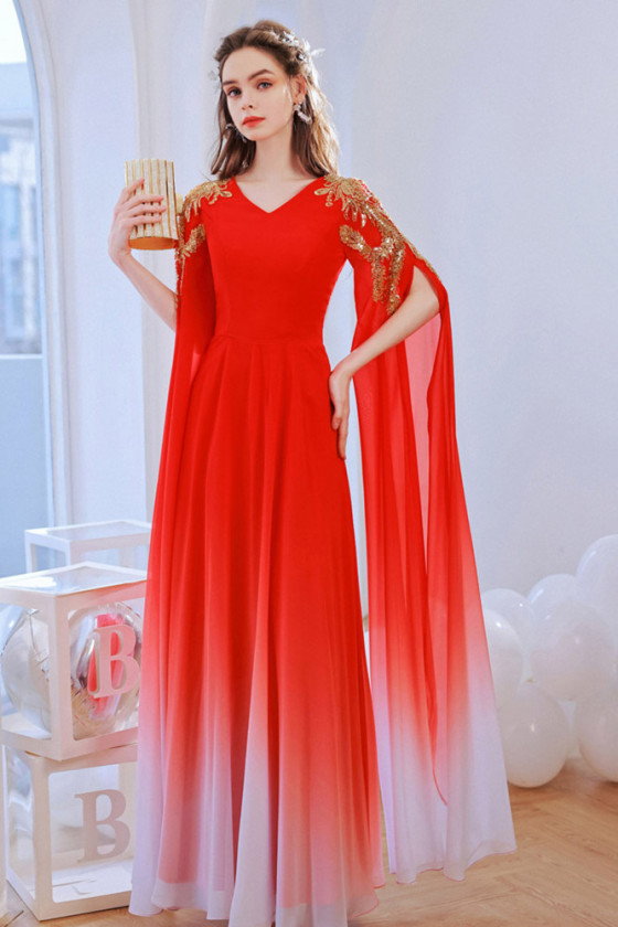 Ombre Chiffon Red Party Dress With Flowing Long Sleeves