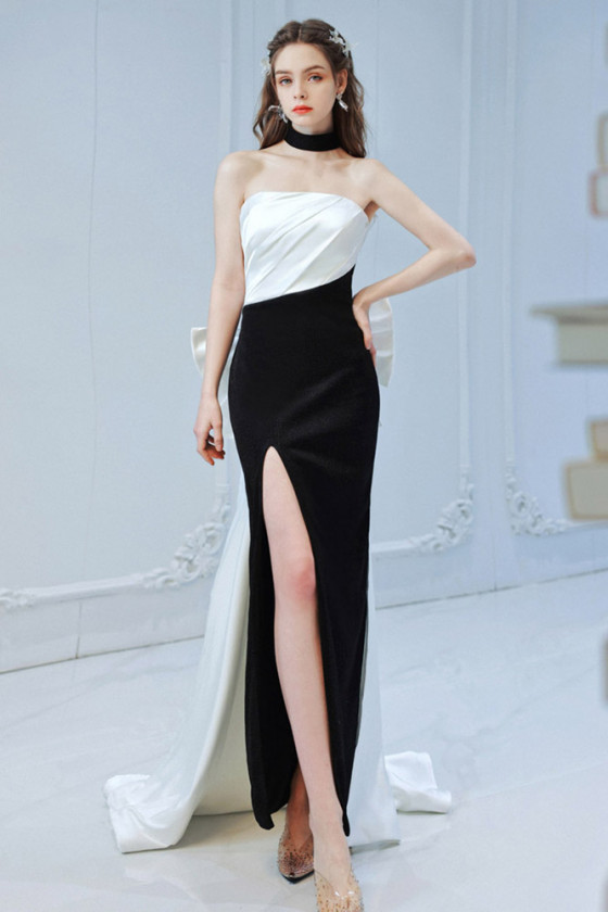 Sexy Fitted Black And White Strapless Formal Dress With Slit
