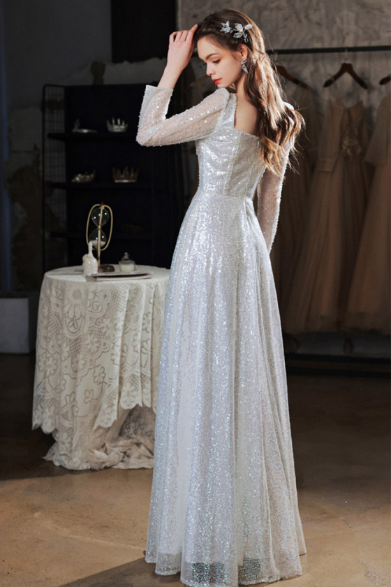long sleeve silver sequin prom dress Off-Shoulder Long Sleeve Sequin Prom Dress