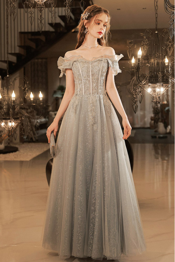 Off Shoulder Shiny Sequin Grey Long Prom Dress With Ruffle Neck
