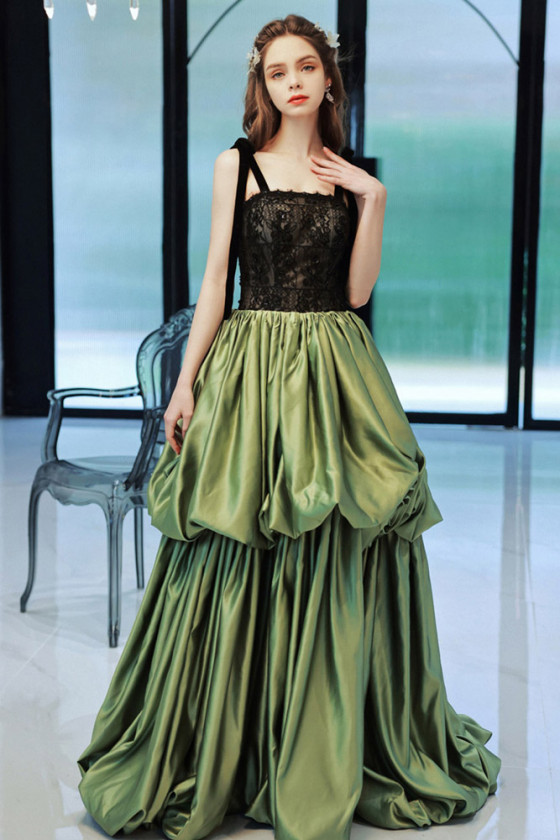 Green And Black Long Ruffled Party Formal Dress With Slit