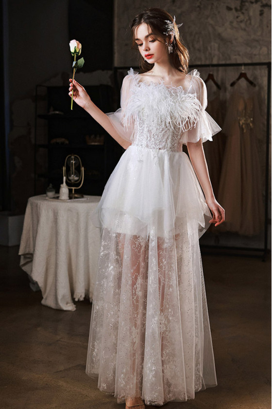 Fluffy Feather Sequin Long White Wedding Formal Dress With Sleeves