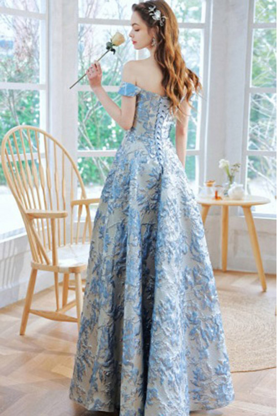 Elegant Embroidery Blue Off Shoulder Prom Dress With Feathers - $158.7885  #S21017 - SheProm.com