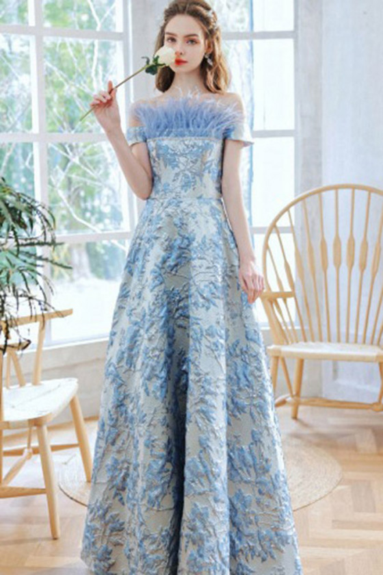 Elegant Embroidery Blue Off Shoulder Prom Dress With Feathers