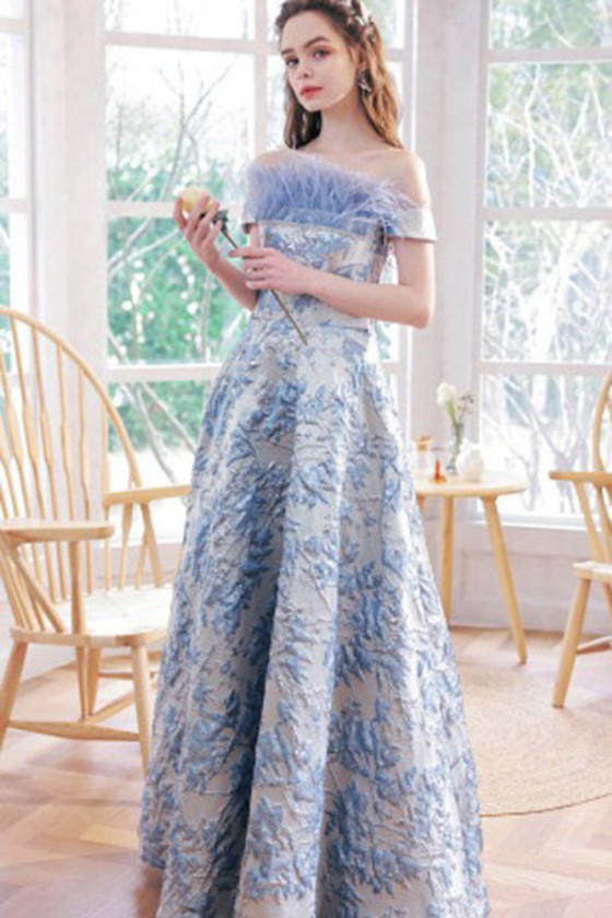off the shoulder embroidered prom dress Emerald Off-shoulder Lace Top Elegant A-line Long Prom Dress, PD3371 –  SposaBridal main image 1