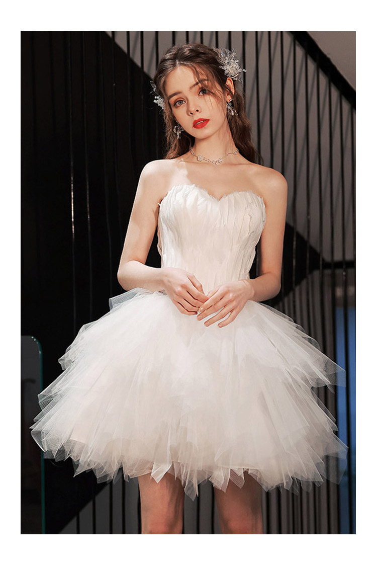 Short Tulle White Ball Gown Wedding Party Dress Strapless With Feathers ...