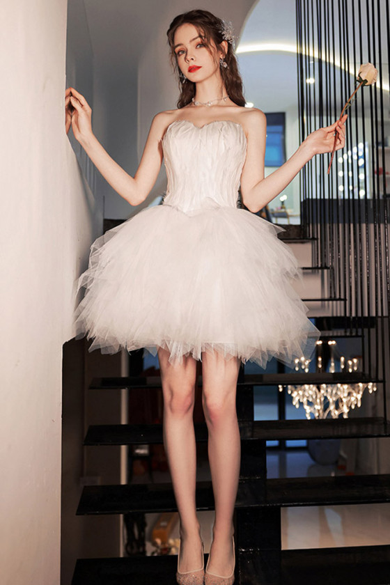 Short Tulle White Ball Gown Wedding Party Dress Strapless With Feathers