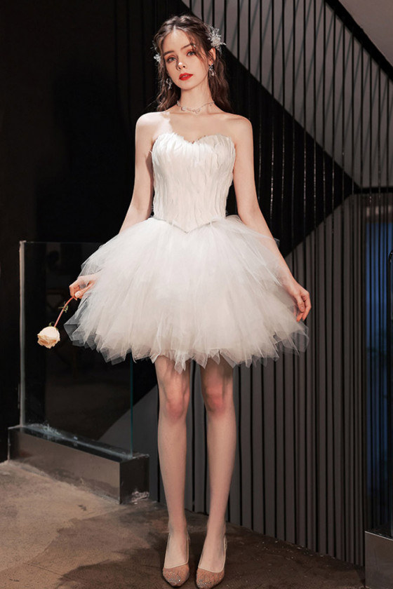 Short Tulle White Ball Gown Wedding Party Dress Strapless With Feathers ...