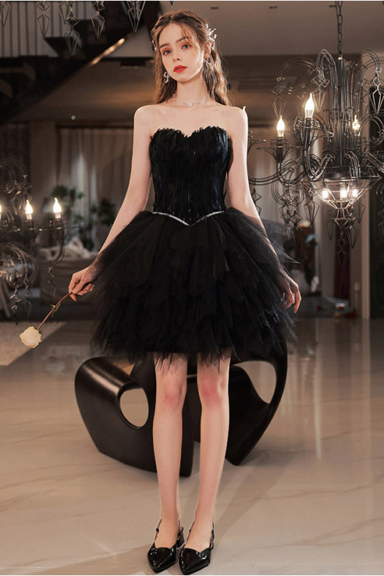 Strapless Sweetheart Little Black Short Homecoming Party Dress With Feathers