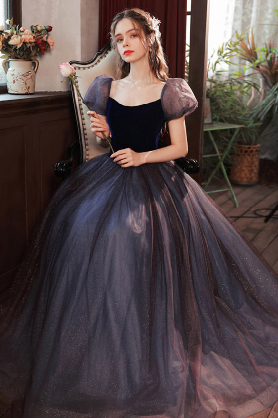 Twinkling Long Tulle Navy Blue Prom Party Dress With Bubble Sleeves ...