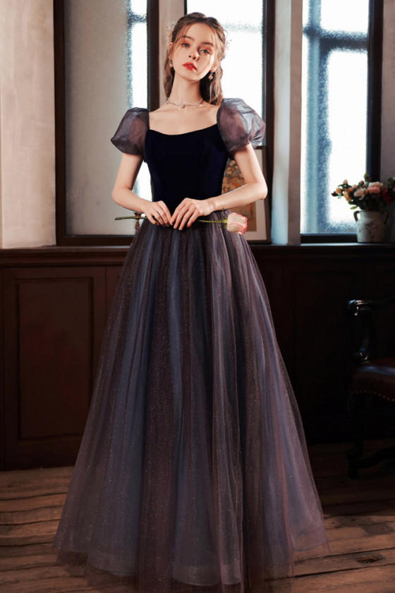 Twinkling Long Tulle Navy Blue Prom Party Dress With Bubble Sleeves