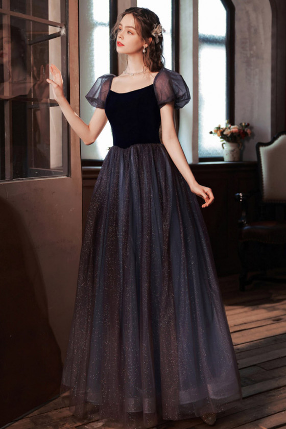 Twinkling Long Tulle Navy Blue Prom Party Dress With Bubble Sleeves ...