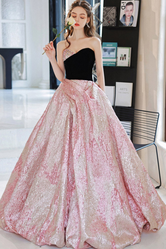 Long Slit Black And Pink Pleated Crystals Prom Dress Strapless