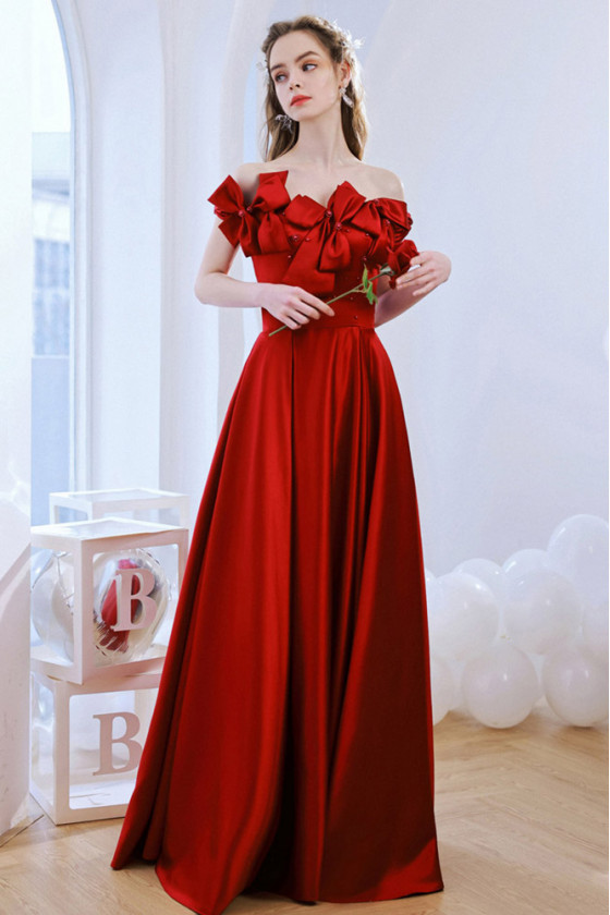 Simple Off Shoulder Red Formal Party Dress With Bows