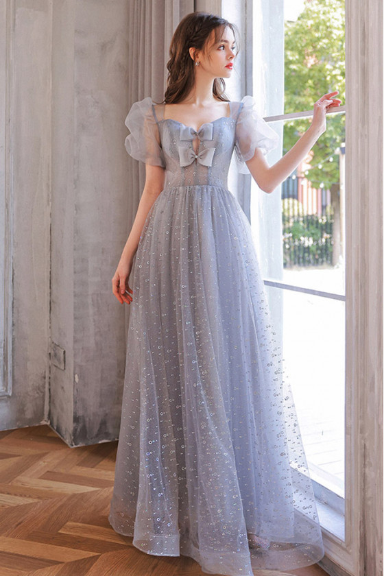 Bubble Sleeves Dusty Blue Long Bow Neck Prom Dress With Sparkle Sequins