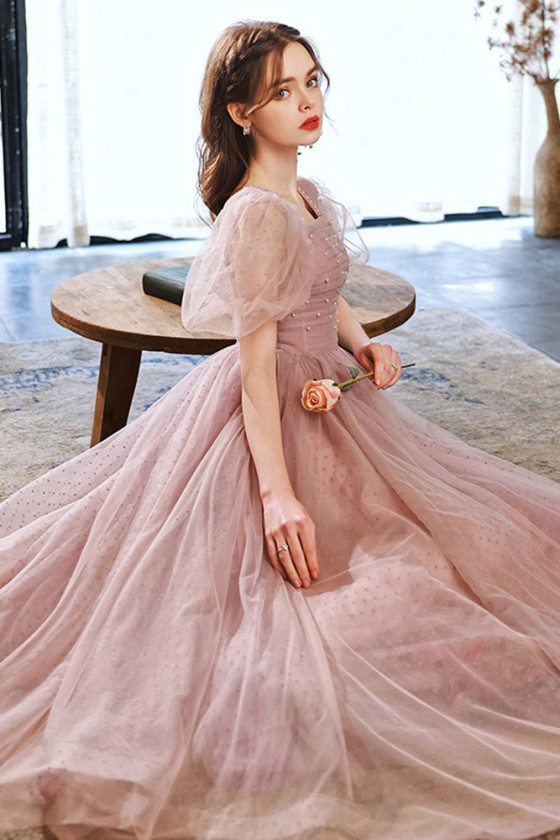 Elegant Tulle Long Pink Square Beaded Prom Dress With Pleats Sleeves -  $162.591 #S21061 - SheProm.com