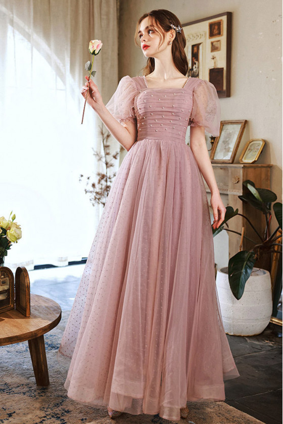 Elegant Tulle Long Pink Square Beaded Prom Dress With Pleats Sleeves