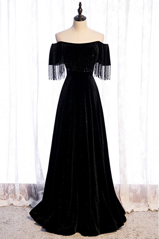 Simple Long Black Evening Velvet Dress With Bling