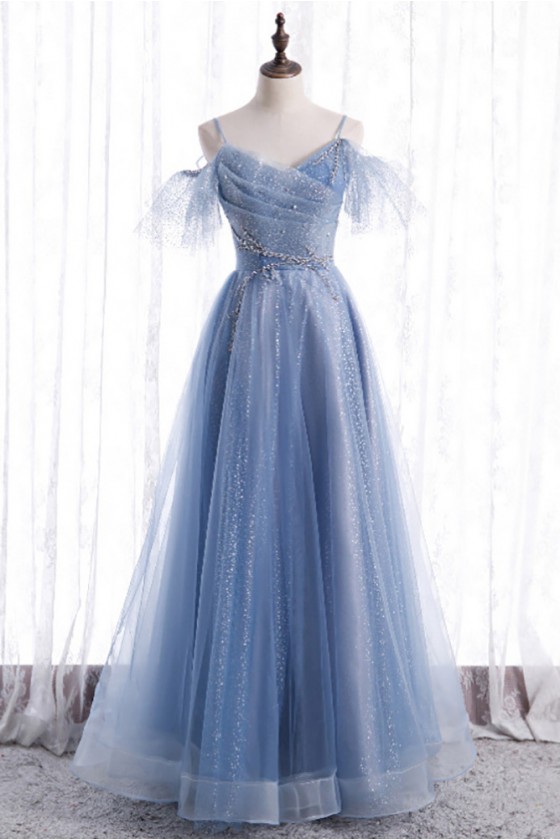 Blue Pleated Bling Sequins Long Prom Dress With Straps