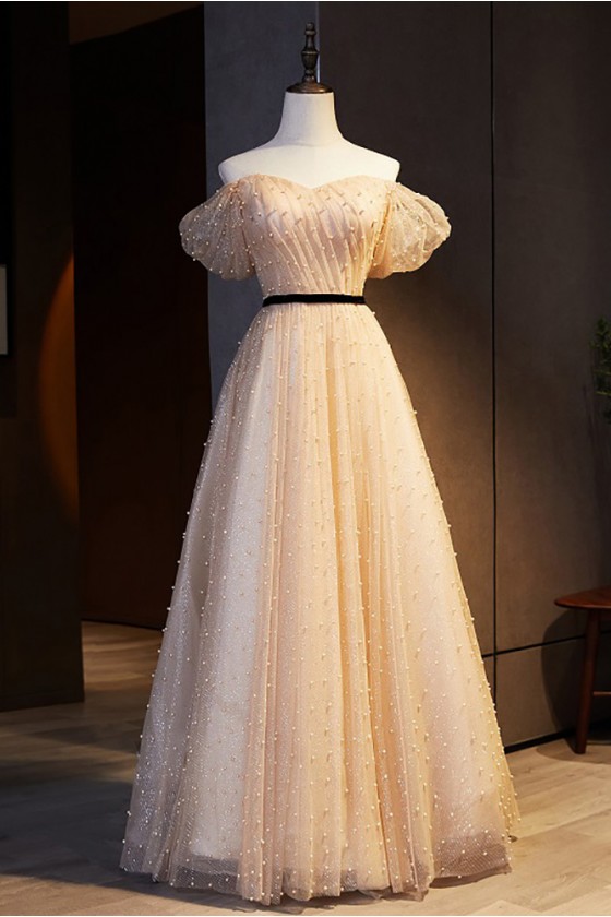 Off Shoulder Champagne Long Prom Dress Tulle With Beadings