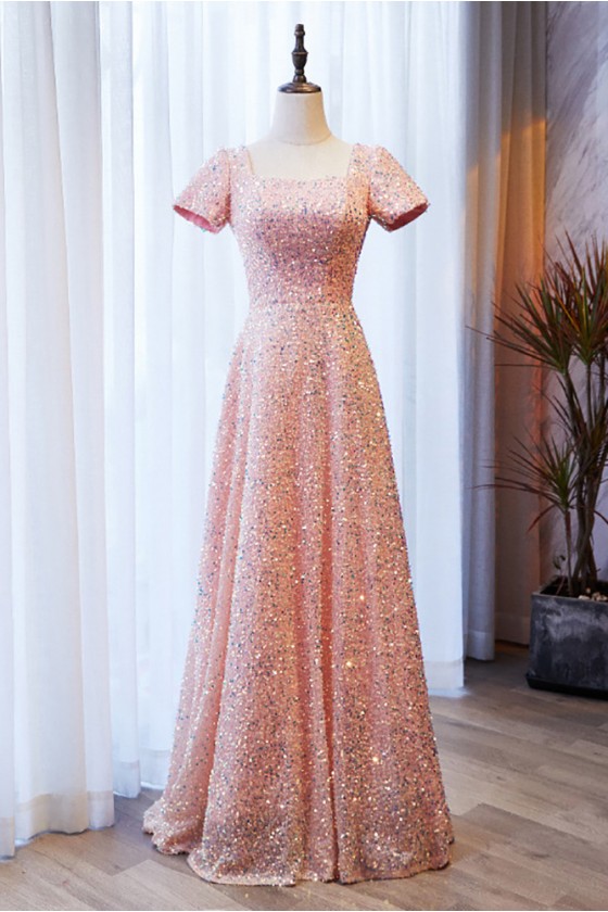Full Sequined Long Aline Pink Party Dress With Short Sleeves
