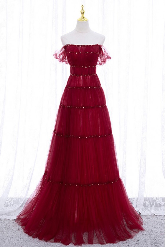Elegant Pleated Tulle Burgundy Evening Dress With Off Shoulder