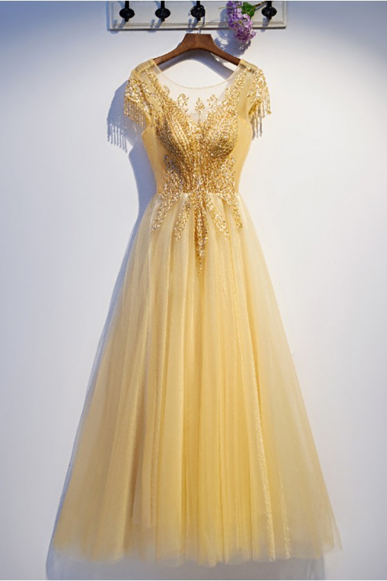 Formal Long Tulle Aline Gold Prom Dress With Beadings