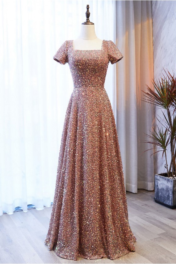 Full Sequined Long Aline Champagne Party Dress With Short Sleeves