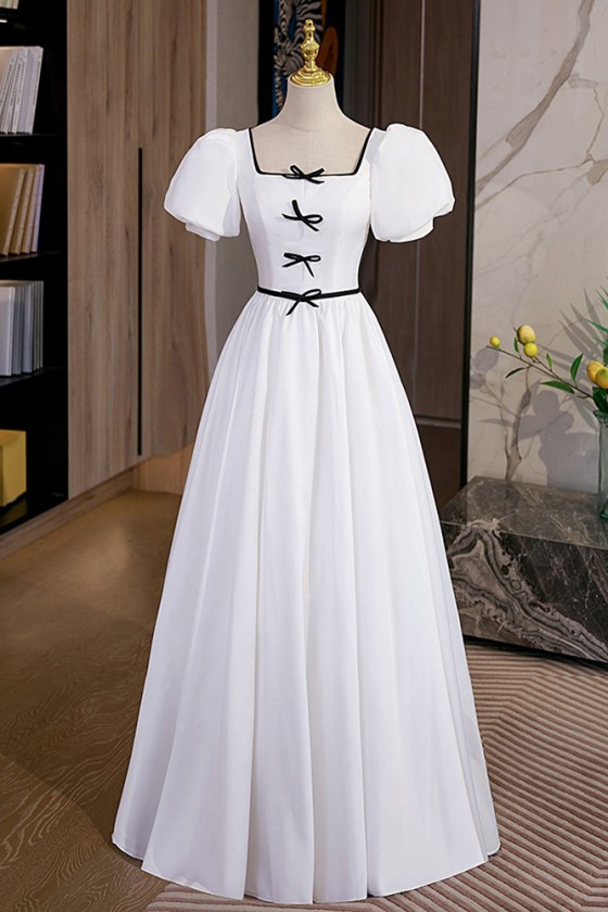 Long White Simple Retro Prom Dress With Square Neckline
