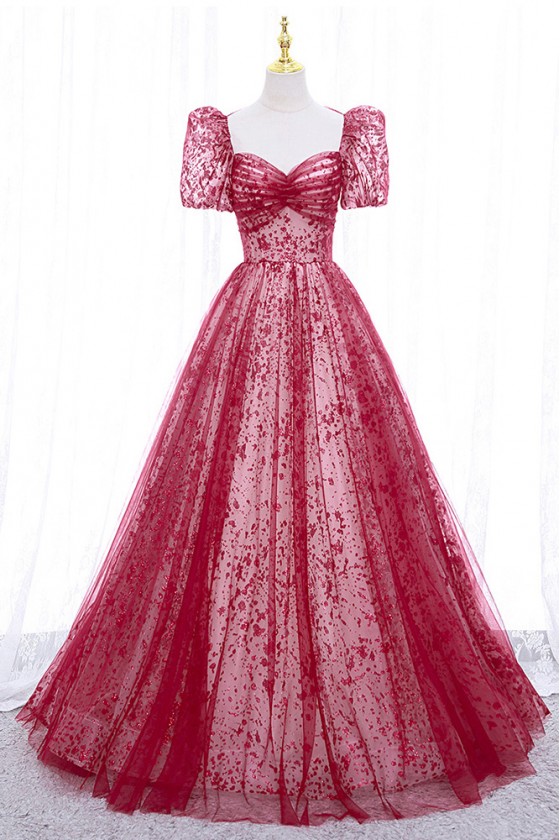 Cute Burgundy Long Tulle Party Prom Dress With Sleeves