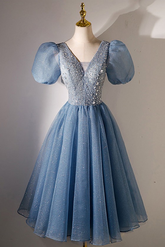 Sparkly Blue Tulle Midi Hoco Party Prom Dress With Sleeves