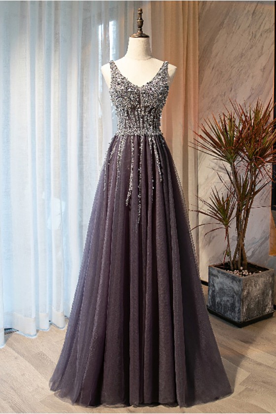 Gorgeous Vneck Long Tulle Prom Dress With Sequins