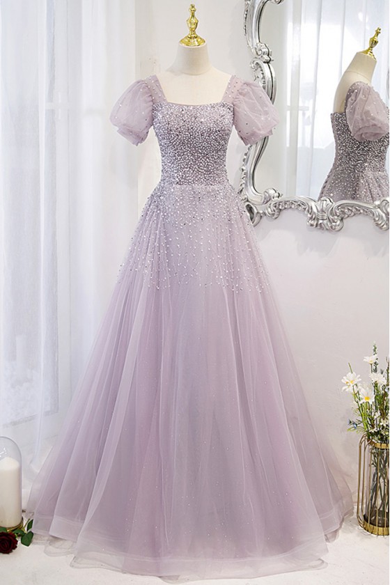 Cute Bubble Sleeved Purple Long Tulle Prom Dress With Sequins Bling