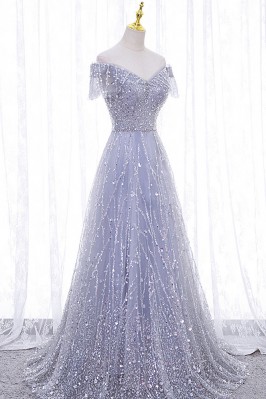 Silver Sequined BacklessLong Prom Dress with Slit,DP922