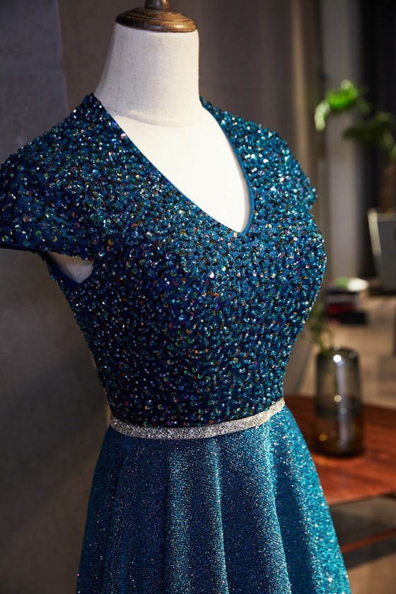 Long Formal Sequined Aline Prom Dress Vneck with Keyhole Back - $124.992  #MS17110 - SheProm.com