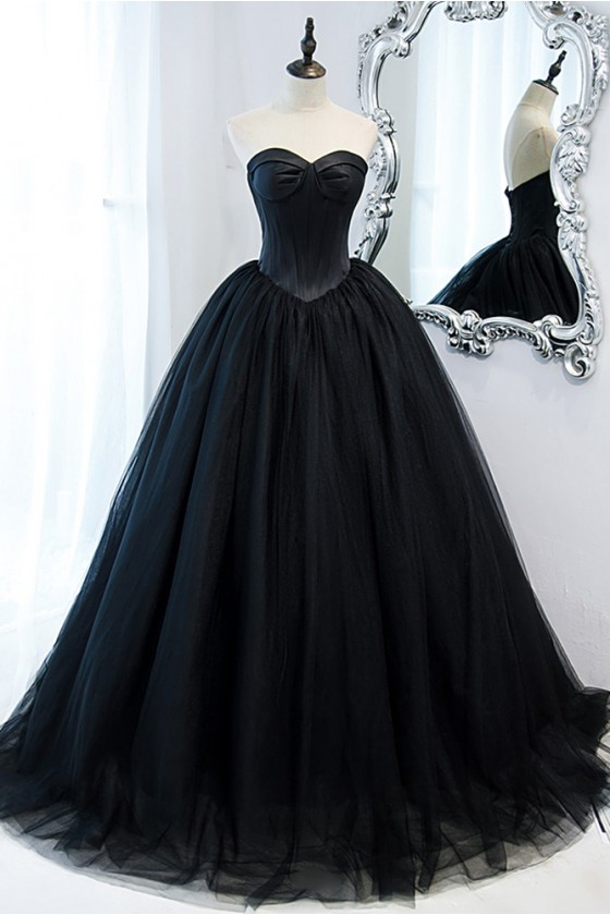 Simple Long Black Strapless Ballgown Prom Dress With Train