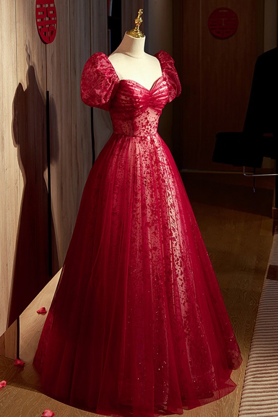 Cute Bubble Sleeves Long Tulle Burgundy Prom Dress - $102.9888 #MS17033 -  SheProm.com