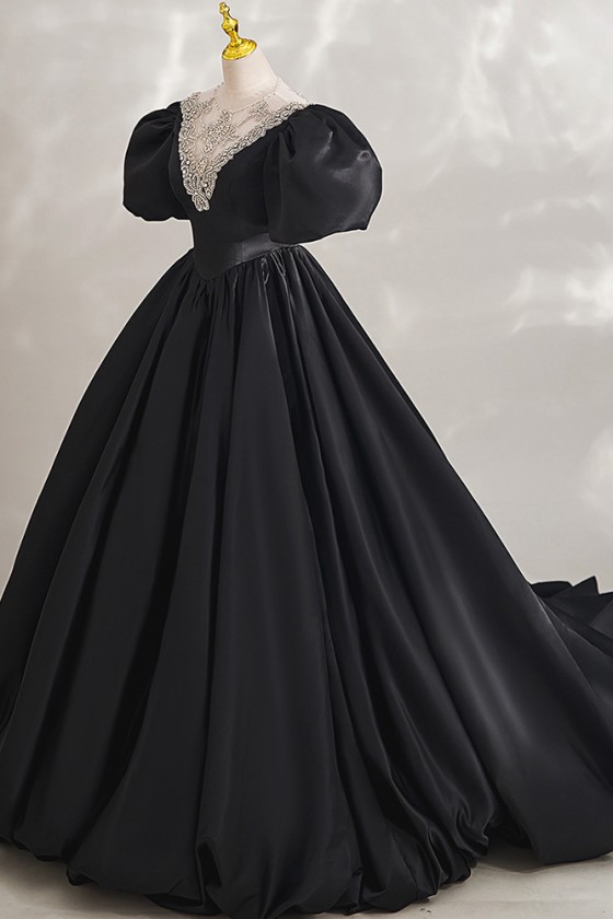Long Black Formal Ball Gown Prom Dress with Bubble Sleeves - $239.9904  #MS17002