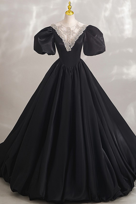 Long Black Formal Ball Gown Prom Dress With Bubble Sleeves