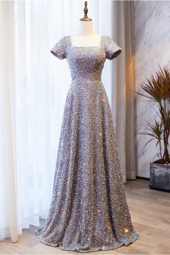Full Sequined Long Aline Party Dress With Short Sleeves