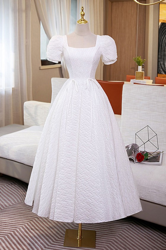 Lovely White Midi Hoco Party Dress With Short Sleeves