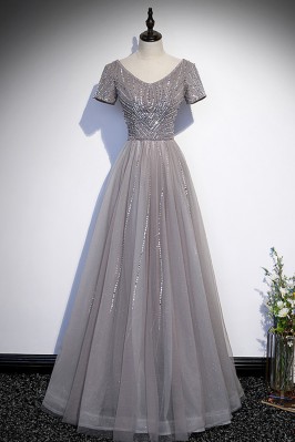 Grey Tulle Sequined Long...